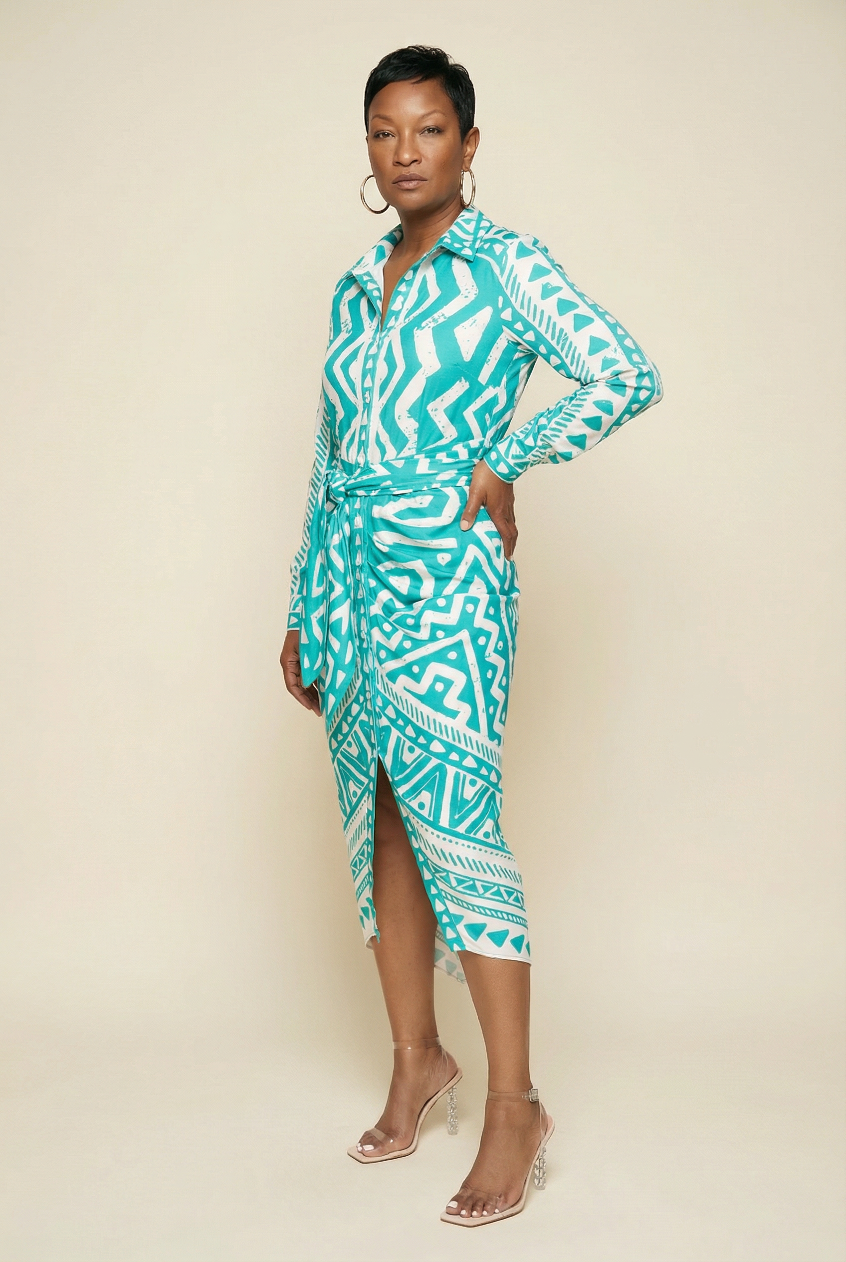 Woman standing in pattern dress